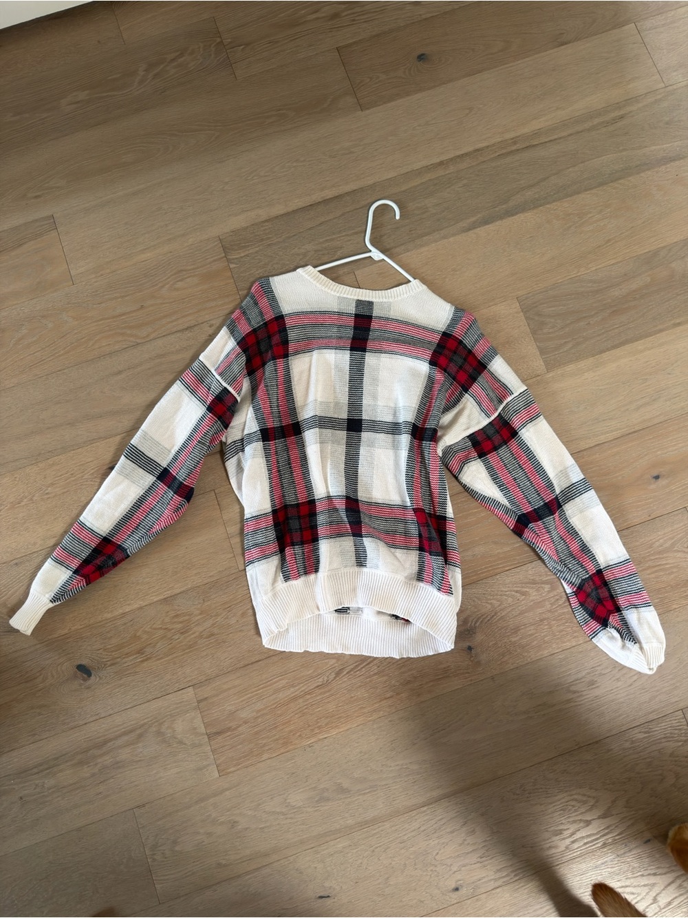 Nautica Cream Plaid Crewneck Sweater with Red & Black Checks